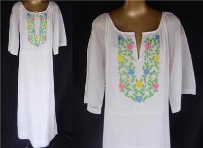   Embroidered Mexican White Maxi Dress Caftan Boho Hippie S M L  