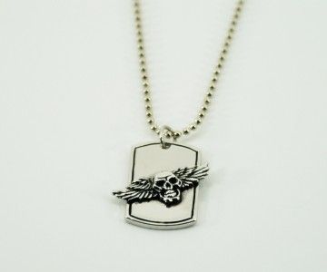 Fashion Necklace Silver Dog Tag Skull w/Wings NEW  
