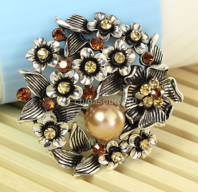 Champagne flower pearl swarovski crystal vintage tibet silver pin 