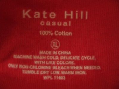 Kate Hill Casual Red Long Sleeve Basic Cotton Crew Neck Tee XL  