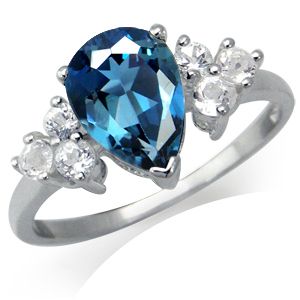   . Natural London Blue & White Topaz 925 Sterling Silver Cocktail Ring