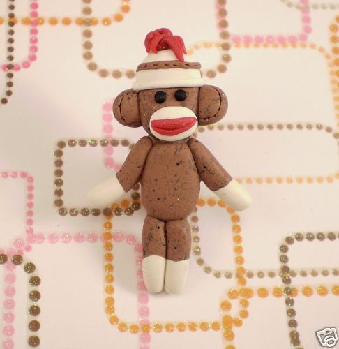 Sock Monkey Doll Charm Pendant Figure Polymer Clay Bead  