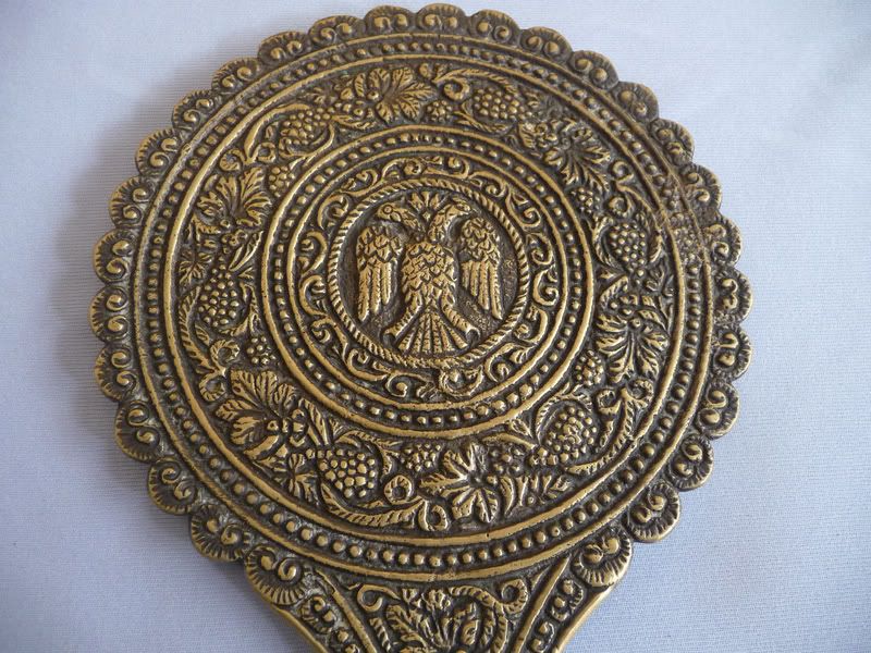 ANTIQUE BRASS ORNATE HAND MIRROR DOUBLE HEADED EAGLE  