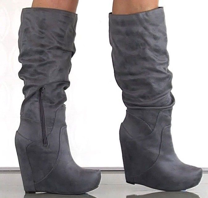 JESSICA SIMPSON Nya GREY Knee Boots Wedges Tall Suede Platform Womens 